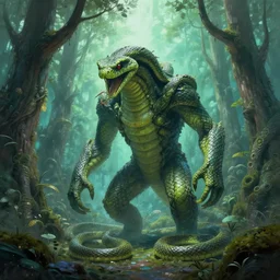 monster - trees made from snakes in futuristic spiritual mystical post apocalyptic forest by, dim painterly volumetric aquatic lighting, beautiful, crisp, artstation, highly detailed