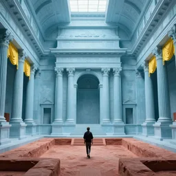 pov one man walking in a giant ancient neoclassical buildings, light blue troglodyte temples with yellow drapery in a deep flesh pit by piranesi, cinestill 8 0 0 t 3 5 mm, high quality, mud, rain, by night, ultra wide lens, anamorphic, leica sl 2 3 5 mm