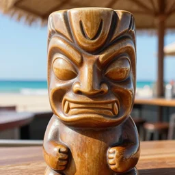 a closeup photorealistic photograph of a trader vic's tiki mug featuring the face of twinkie the kid at the beach bar. bright scene. fine detail. this 4 k hd image is trending on artstation, featured on behance, well - rendered, extra crisp, features intricate detail, epic composition and the style of unreal engine.