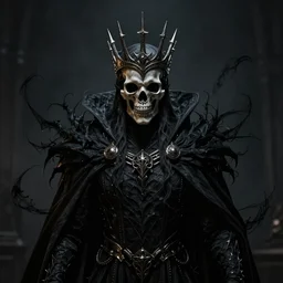 centered portrait of the Shadow King wearing a crown formed out of shadows, cape, skull mask, realistic character concept, high fantasy, gothic, dark atmosphere, malice, black wisps, medium shot, symmetrical face, golden ratio, cinematic lighting, hyperdetailed, high resolution, insanely detailed and intricate, artstation, Marc Simonetti, Greg Rutkowski, octane render, 8k