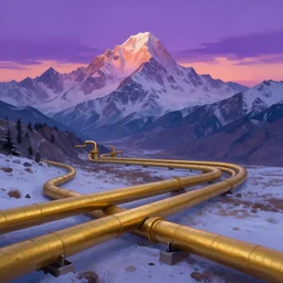 landscape, gold pipelines, snow mountains, purple sunset. fantasy, digital painting, hd, detailed.