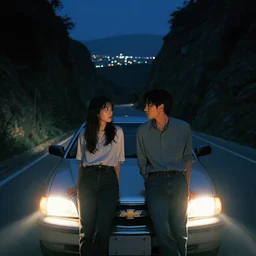 a couple are in a chevrolet impala, headlights of a car shine on a strange canyon road, she looks at him with a strange look in her eyes, it's the dead of night, in a distance the lights of a city light the night's sky