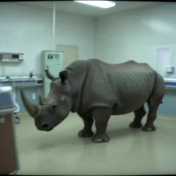 a rhinoceros in a stalinist style hospital, by mini dv camera, very very low quality, heavy grain, very blurry, accidental flash, webcam footage, found footage, security cam, caught on trail cam