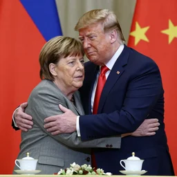 angela merkel and donald trump hugging while drinking tea