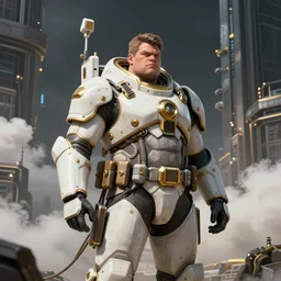 portrait of a fat man sci fi soldier ranger, brutalist city architecture, dark epic, white and gold, cables and wires, high details, ceremonial clouds, dripping paint, fibonacci rhythm, artstation, art germ, wlop, pablo dominguez, sabbas apterus, award - winning, artstation