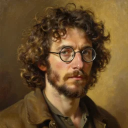 greg manchess oil matte portrait painting, man peasant curly hair round glasses goatee, wonderful masterpiece highly detailed, scifi, beautiful cinematic light deep focus, elegant, digital painting, smooth, sharp focus, golden ratio, dramatic illumination, ultra realistic, 4 k, art by greg rutkowski wlop rossdraws