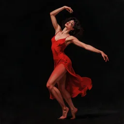 sensual red and black illustration of a woman in a dress dancing, black background, high contrast, patrick westwood style, red series, benjamin conalin style, artstation trending, high detail, soft light, black background