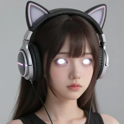 Portrait of an Anime girl wearing cat ear headphones, burning white eyes, extreme details, soft lighting, realistic octane render, 8k