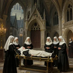 a painting of a cinematic keyframe of a medieval hospice building in a gothic medieval town, with nuns in white veils, body on a stretcher, by greg rutkowski, rule of thirds, golden ratio, ambient lighting, wlop, artgerm, artstation, highly detailed masterpiece, dark fantasy art, intricate details, elegant, ultra realistic, trending