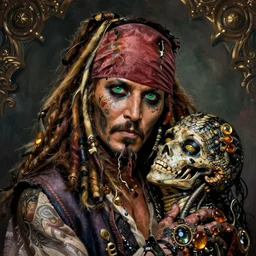 dead cyborg Johnny Depp as Jack Sparrow embraced by passion, portrait, headshot, insane avant-garde professional hair style, dramatic hair color, fully tattoed snake skin, emerald eyes, amber jewels, ornate clothing, baroque digital painting, epic cinematic, sci-fi, psychedelic, realistic, hyperdetailed, chiaroscuro, concept art, art by Jon Foster and Michael Whelan and Amano and Karol Bak