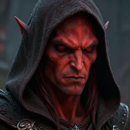 masterpiece closeup portrait of a hooded tiefling with red skin and a scowl by Greg Rutkowski, 4k, masterpiece, cinematic, dungeons and dragons, detailed
