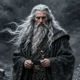 portrait old male warlock, stormy, wind, rain, ghost, long hair, intricate, elegant, highly detailed, digital painting, artstation, concept art, smooth, sharp focus, illustration, daren bader, aleksi briclot, rutkowski, bouguereau