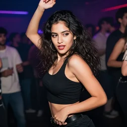 action photography, sexy attractive face woman dancing in night club, party