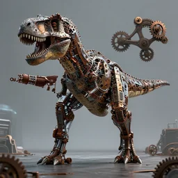 film still of full body of a T-Rex made out of wires and rusty gears in a marvel movie, science fiction industrial hard science, 8k, render octane