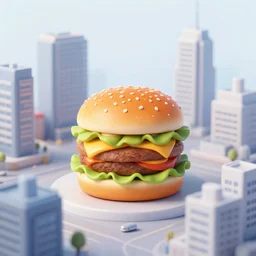 a city with a burger in the middle