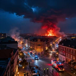 wide angle, buildings and city on fire at night, with police and firetrucks on street, stormy blue and red sky mystery mist, police car lights, 4 k highly detailed art, concept art, trending on artstation, alphone mucha, artgerm, greg rutkowski, octane render, cinematic lighting, intricate, sharp focus
