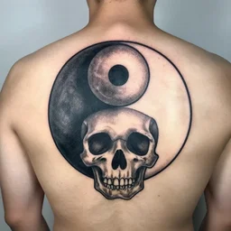 yin-yang skull tattoo on a back of a man