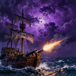 purple color lighting storm with stormy sea close up of a pirate ship firing its cannons trippy nebula sky with dramatic clouds painting by banksy