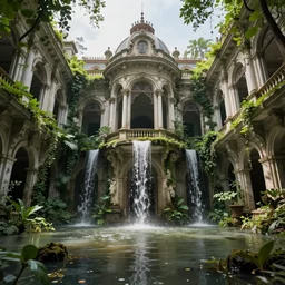 abandoned luxurious victorian spa, massive architecture, vegetation growing, waterfalls inside the building, eerie, dramatic lighting, godrays, sunny day, flooded