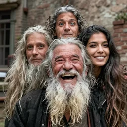 a old laughing happy old man with 3 heads and 6 eyes, female long hair, long beard, female body, by steve mccurry