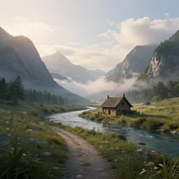 a small medieval house near a river in the middle of two mountains at sunrise, concept art, hyperrealistic, trending on artstation, high quality, highly detailed, breathtaking landscape, path traced, clouds, soft lighting, soft colors, digital art, serene landscape, 8 k hdr, octane render, unreal engine 5