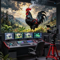 'black rooster'!!! smoking 'cannabis'!!!!!! in front of 'audio console'!!!! and 'pc masterrace RGB custom build'!!!!! 'multi monitors and projectors'!!!! 'in a hi-tech tv broadcasting studio with red camera rig'!!!!, artwork by James Gilleard