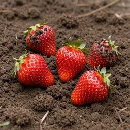 strawberries on muddy soil with mud spilled on them