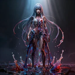 photorealistic scary dramatic liquids anime girl render, full body, detailed face, colorful, atmosphere cinematic, by wlop, by ilyu kuvshinov, soft shadows, be concept art, super detailed, unreal engine 5, octane render, vfx, houdini, 8 k, super realistic, ufotable studio art style, global illumination, trending in pixiv, dramatic color, ray tracing, god rays, novel cover