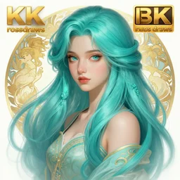beautiful girl with long turqoise hair, cute, intricate, highly detailed, digital painting, trending on artstation, concept art, smooth, sharp focus, illustration, unreal engine 5, 8 k, art by rossdraws and alphonse mucha