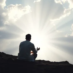 god appearing to a man sitting in the ground, from back, professional photography, god rays 1 5 0 mm