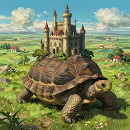 giant tortoise with large castle growing from the shell, distant shot birds eye view, fantasy, hyper detailed, 4 k, howls moving castle, mortal engines,