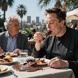 photo of ( elon musk ) eating lunch a bunch of melted messy chocolate with ( slavoj zizek ) outdoor brunch los angeles