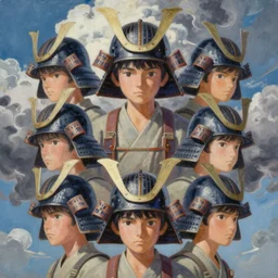 painting of a boy with samurai helmets, calm, fantasy character portrait, dynamic pose, above view, sunny day, thunder clouds in the sky, artwork by jeremy lipkin and giuseppe dangelico pino and michael garmash and rob rey and greg manchess and huang guangjian and makoto shinkai, very coherent asymmetrical artwork, sharp edges, perfect face, simple form, 1 0 0 mm