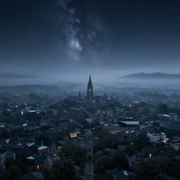 A sprawling view of Kredik Shaw, Mistborn in a starry night, mists revolve in the distance