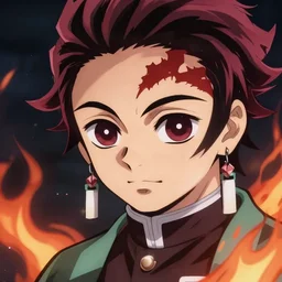 devil handsome in demon slayer art, night, fire lines, anime style, detailed face, high quality, smooth in 8k, sharp focus, beautiful scene, black border,
