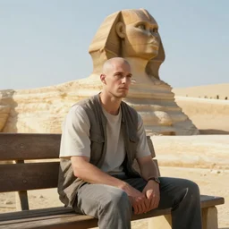 bald man sitting on a bench in front of the sphinx, artstation, hyper realistic, octane render