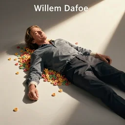 Willem Dafoe laying in froot loops, movie poster