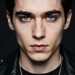 a photograph of a young man in leather jacket, 9 0 s goth, dof, sharp focus, highly detailed face, symmetric face, realistic iris, cinestill 8 0 0 t, photography by paolo roversi