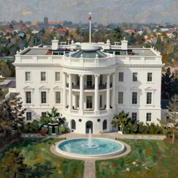 opening of the new more luxurious larger deluxe pristing white house, with more floors, oil on canvas painting trending on artstation high octance render aerial view