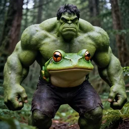 macro medium shot, rugged anthropomorphic muscular!!!!!!!!! oversized!!!!!!!! hulked!!!! frog as frog oversized green barbarian hunter in deep forest, kodachrome film still