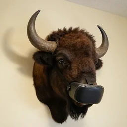 hunting trophy bison head in vr helmet nailed to the wall,