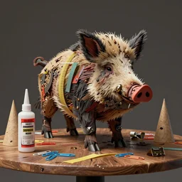 hardmesh retro futurist post - bottle of glue, paper clips, paper cones and strips combains into statue of sticky wild boar standing on the table, fantasy digital art, thievery equipment, sculduggery, by kim jung gi, zabrocki, karlkka, jayison devadas