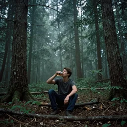 wilderness forest, cassette futurism, existential horror, celebrating alone, drinking, alcoholics, atmospheric haze, film. phoyograph by edward hopper, norman rockwell, gregory crewdson. film still, 1 6 mm cinematography