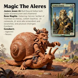 a clay snail humanoid! creature barbarian approaching, action pose, fantasy art painted by james jean and rene magritte ( rpg reference sheet ), style of magic the gathering, high contrast!, vibrant colors, matte