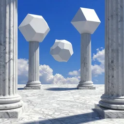 detailed artstation style, 1 9 9 0 s computer graphics rendered as marble floors and pillars, low - polygon floating geometric 3 d objects, and a crisp blue sky background with some fluffy realistic clouds