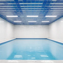 a very large empty pool, liminal space, white and blue ceramic tile ceiling,  symmetrical centered view, octane render, sharp focus, very coherent