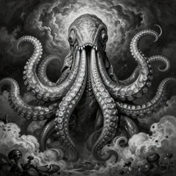 By Tom Bagshaw, ultra realist soft painting of curiosities leviathan carnival by night, very beautiful full bodysuit massive tentacles, symmetry accurate features, very intricate details, ominous sky, black and white, volumetric light clouds