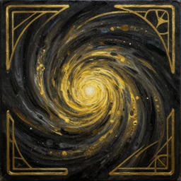 black and gold art deco style oil painting on canvas of detailed space maelstrom, highly detailed, Nigredo, dark enlightenment, alchemy, Vibrant volumetric natural light.