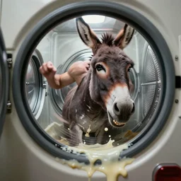 a hyper stylised photograph of a man turning into a donkey, he has teeth growing from his eyes and he is spinnig inside a tumble dryer. his body has melted and has dribbled out onto the floor.