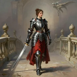 woman in dark and red princess dragon armor, she is holding a katana sword, walking on an ancient neoclassical bridge. by william henry hunt, concept art,